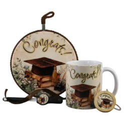 Set cadou absolvire "Congrats!" - cana ceramica, breloc, pix touchscreen si decor perete, cu punga cadou