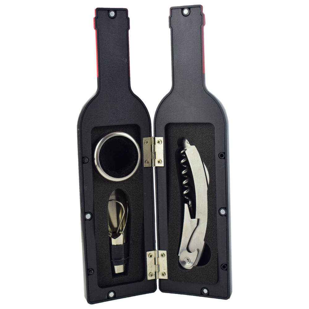 Set 3 accesorii de vin in cutie cu forma de sticla 24 CM