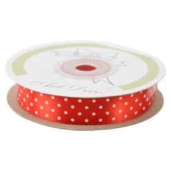 Rola panglica satin 15 mm x 25 m, Rosu cu buline albe, Art Deco