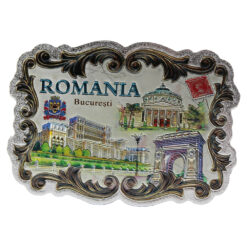 Magnet de frigider din plastic cu aspect metalic "Romania / Bucuresti" 8.5 x 6 cm
