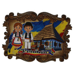 Magnet de frigider din placaj "Romania" 8 x 6 cm - casa taraneasca