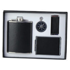 Set cadou pentru barbati, 4 piese - Plosca, tabachiera, bricheta, busola