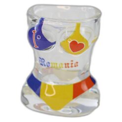 Pahar snaps din sticla "Romania" 4.5 x 6.5 cm bust femeie, tricolor