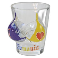 Pahar snaps din sticla "I love Romania" 5 x 6.5 cm bust femeie, tricolor