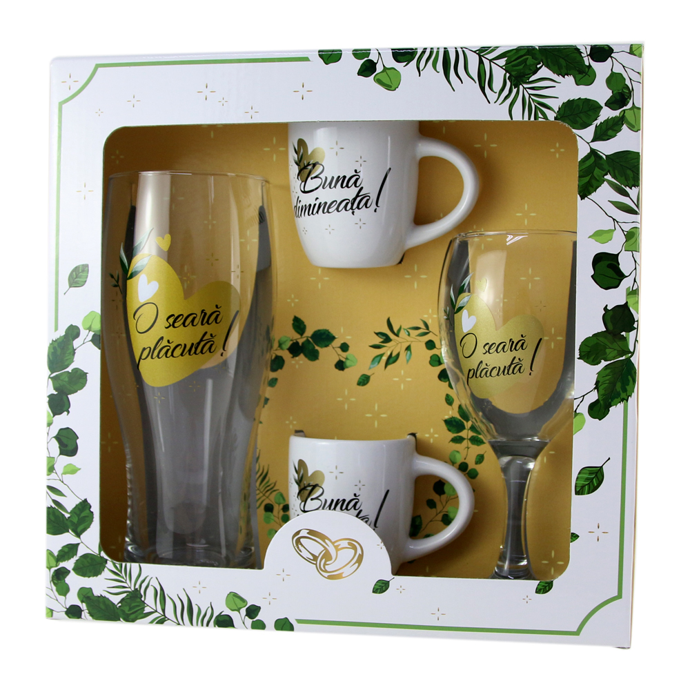 Set Wedding "Buna dimineata!/O seara placuta!" - halba bere, pahar vin, 2 cesti cafea