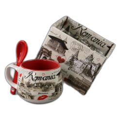 Cana din ceramica cu lingurita "Romania" 90 ml Castele si monumente, cu cutie decorativa