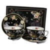 Set 2 cesti din ceramica cu farfurii, 150 ml, in cutie cadou, Flori, negru
