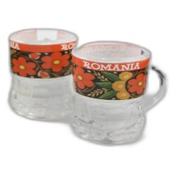 Pahar snaps din sticla cu maner "Romania" 4 x 5 cm flori colorate