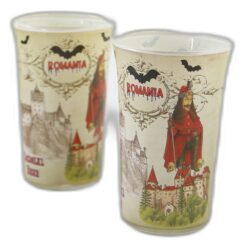 Pahar snaps din sticla "Romania" 4 x 7 cm Castelul Bran si Vlad Tepes