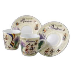 Set 2 cesti cafea cu farfurioare din ceramica "Romania" 70 ml copii cu lavanda