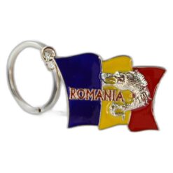 Breloc metalic "Romania" 3.5 x 8 cm Lupul Dacic tricolor