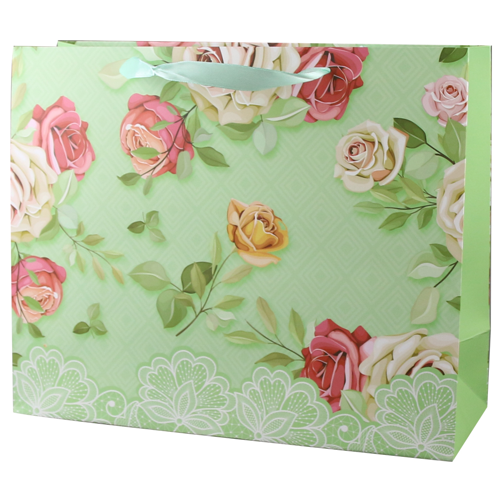 Punga cadou din hartie 32x26 cm, verde cu trandafiri