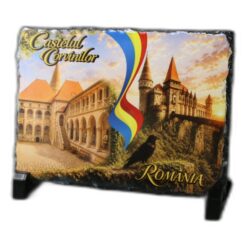 Placa ardezie "Romania" 19 x 14 cm, Castelul Corvinilor, tricolor