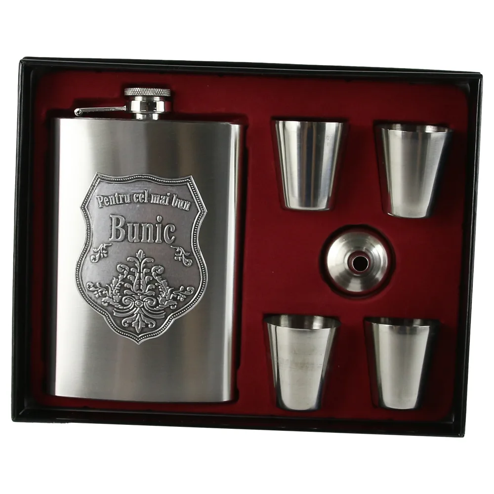 Set plosca cu palnie si 4 pahare din inox, "Pentru cel mai bun Bunic", in cutie eleganta