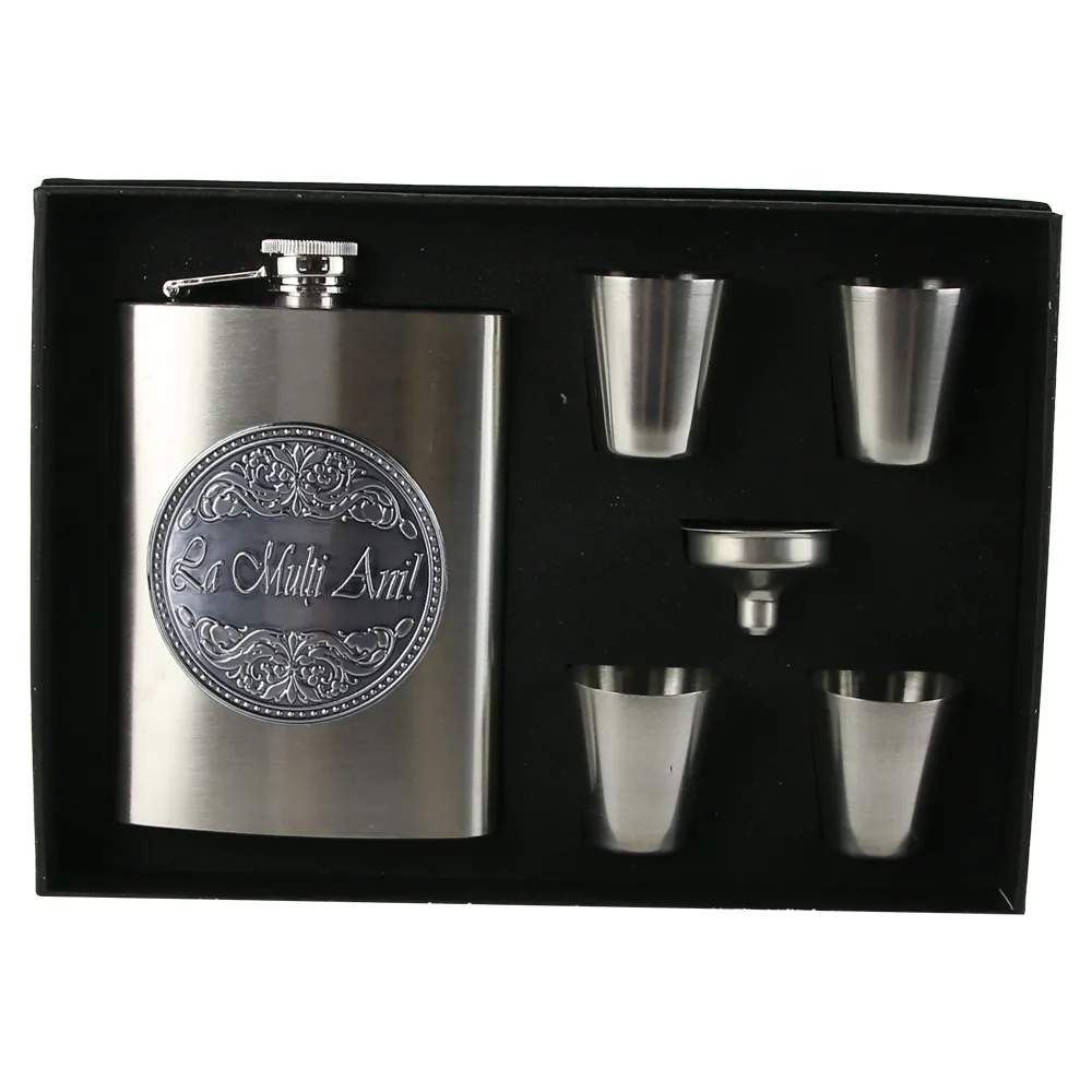 Set plosca cu palnie si 4 pahare din inox, "La multi Ani!", in cutie eleganta