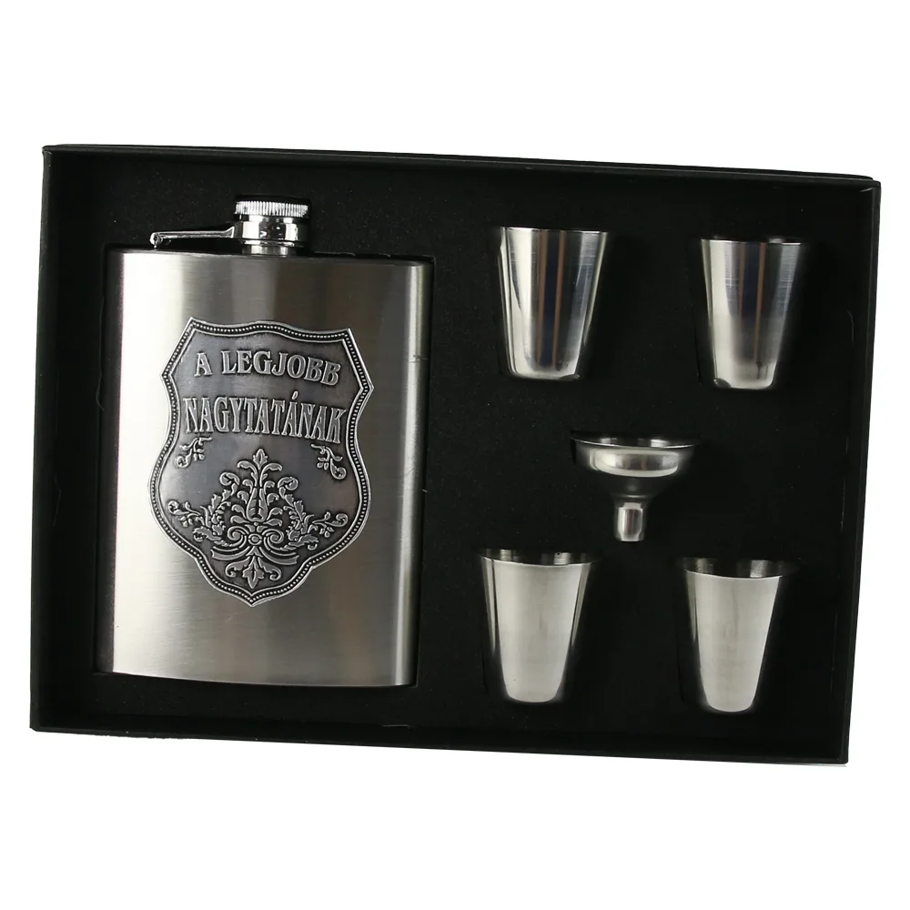 Set plosca cu palnie si 4 pahare din inox, "A legjobb Nagytatanak", in cutie eleganta