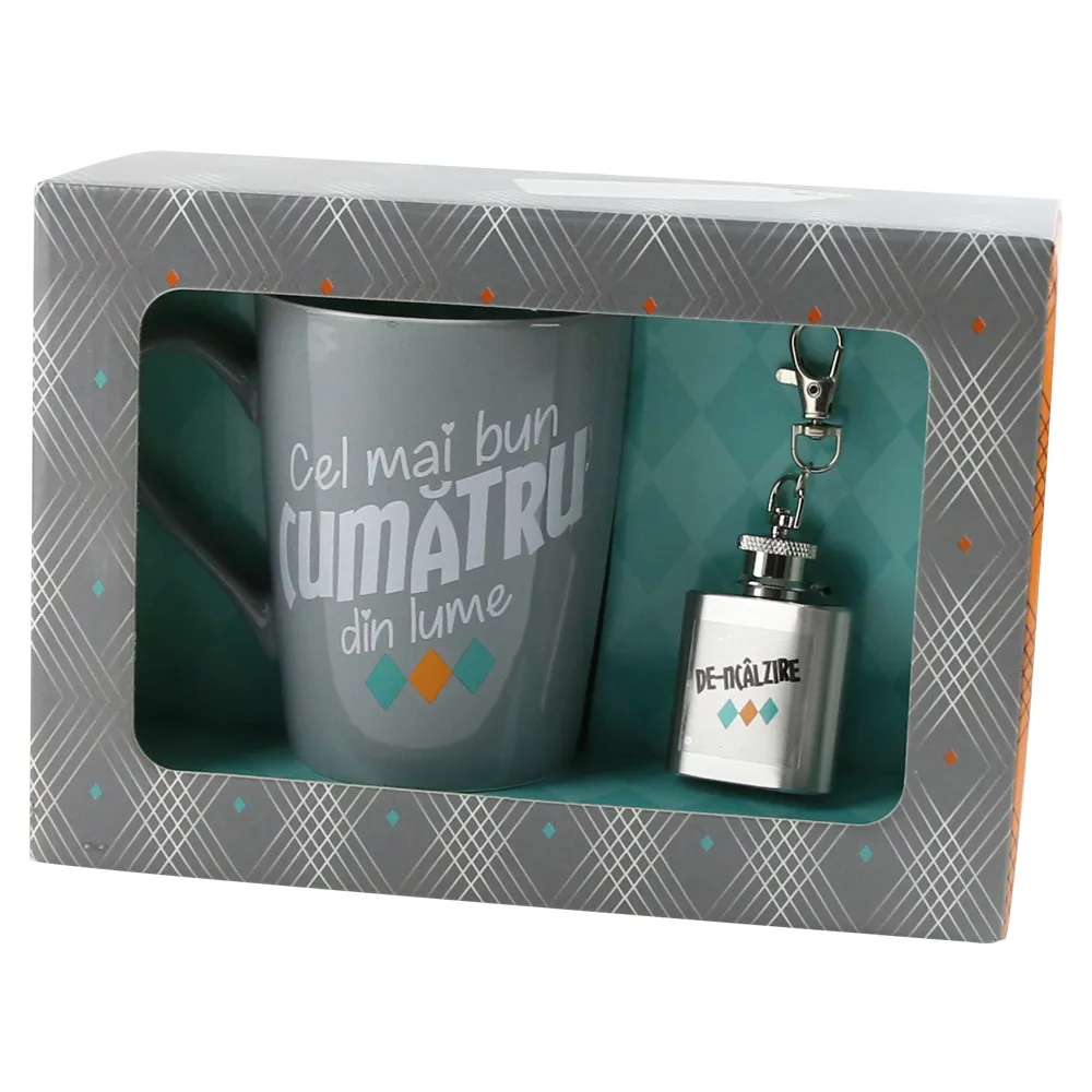 Cana ceramica 370 ml "Cel mai bun Cumatru din lume" cu plosca mini hip breloc, in cutie decorativa