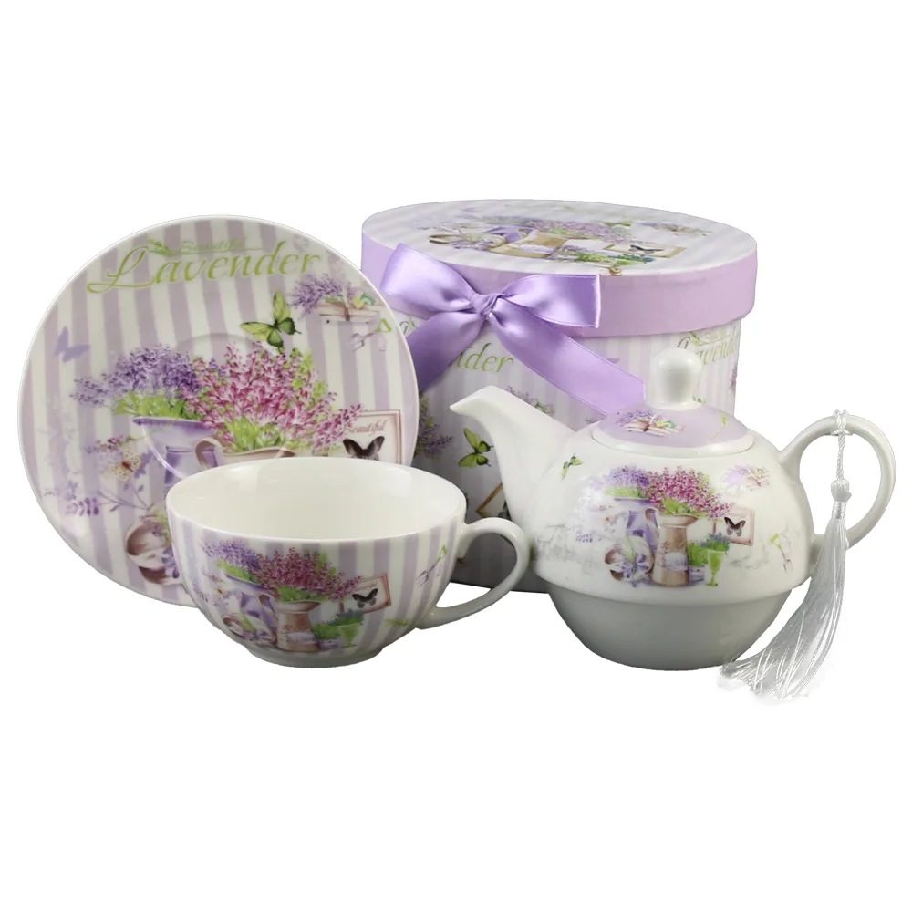 Set ceainic cu ceasca si farfurioara, 350 ml / 310 ml, "Beautiful Lavender", in cutie decorativa - imagine 2