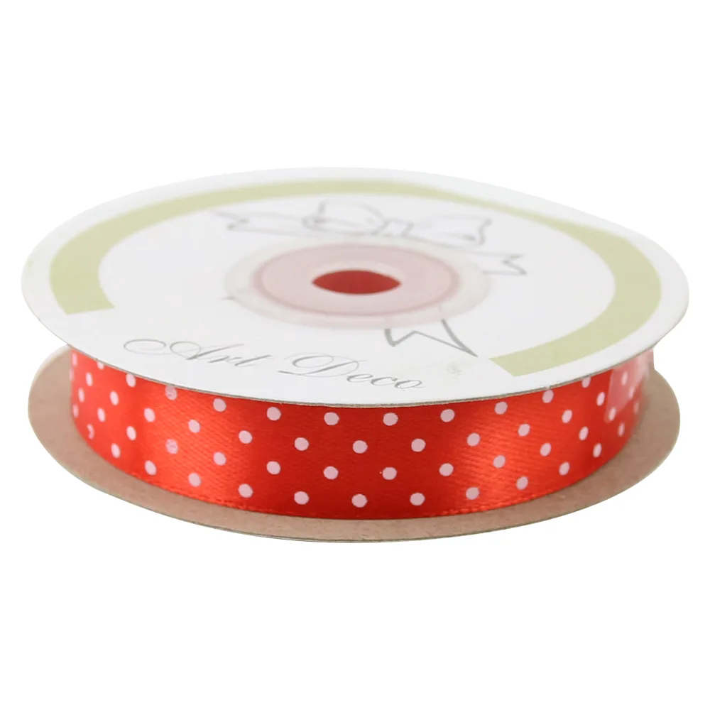 Rola panglica satin 15 mm x 25 m, Rosu cu buline albe, Art Deco