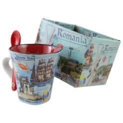 Cana din ceramica cu lingurita "Romania" 90 ml Black Sea, cu cutie decorativa