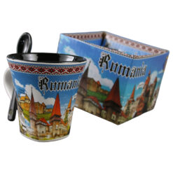 Cana din ceramica cu lingurita "Romania" 90 ml castele / Vlad Tepes, cu cutie decorativa