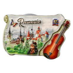 Magnet de frigider din rasina "Romania" 8.5 x 5.5 cm Castele Romania cu vioara