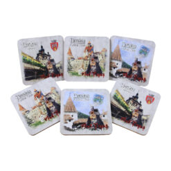 Set 6 suporturi pentru pahare din pluta Castelul Bran/Vlad Tepes - 9.5 x 9.5 cm, Romania