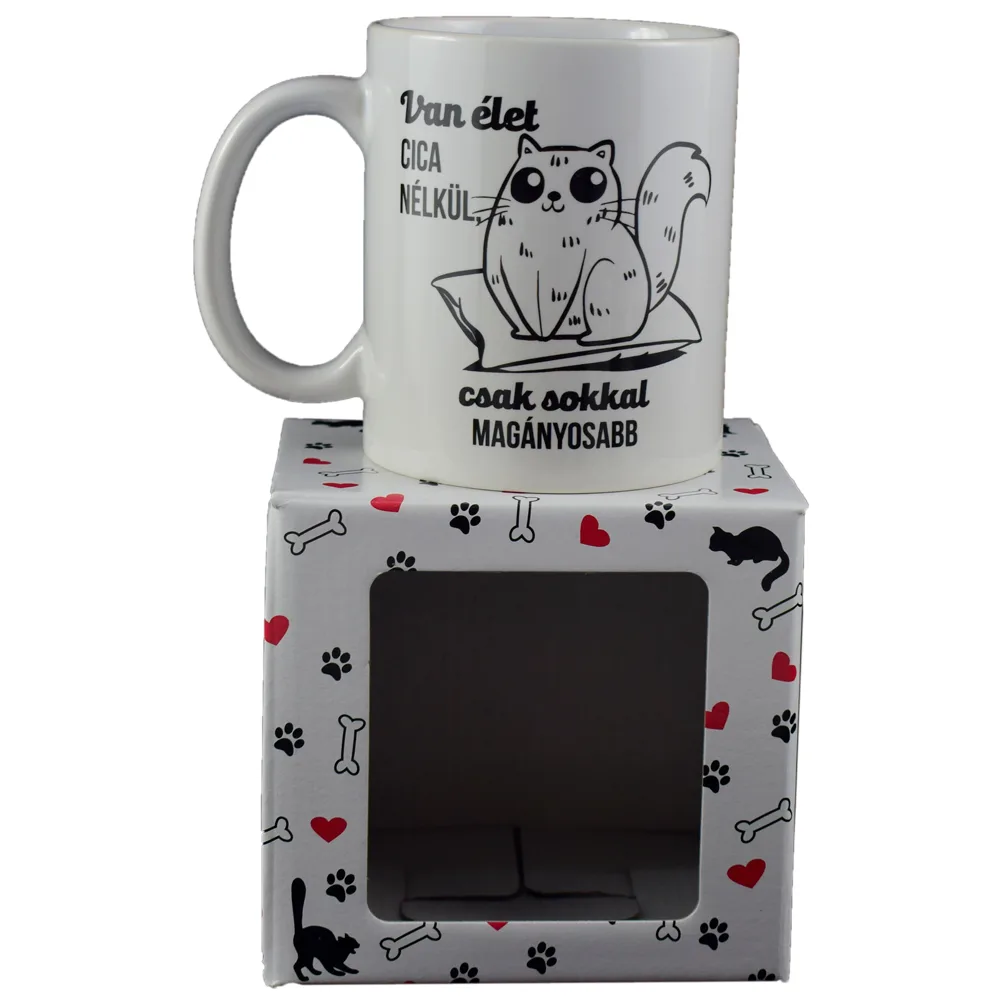 Cana Boss din ceramica 300 ml "Van elet cica nelkul, csak sokkal maganyosabb", in cutie decorativa