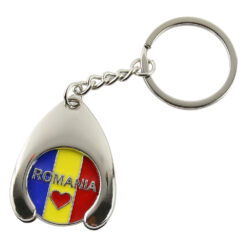 Breloc metalic "Romania" cu jeton pentru carucioare de cumparaturi 3 x 9 cm