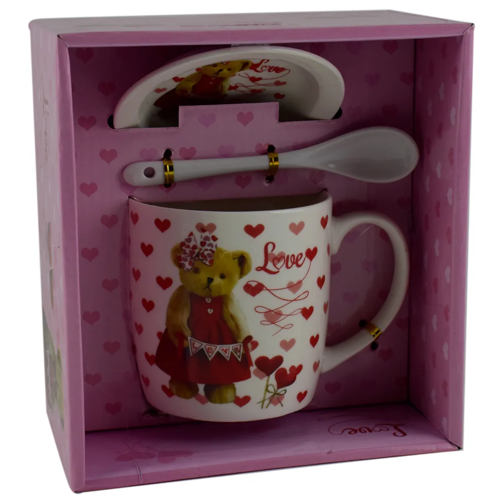Cana cu lingurita si farfurie realizate din ceramica - Design cu ursulet si inimioare - Diverse modele - imagine 2