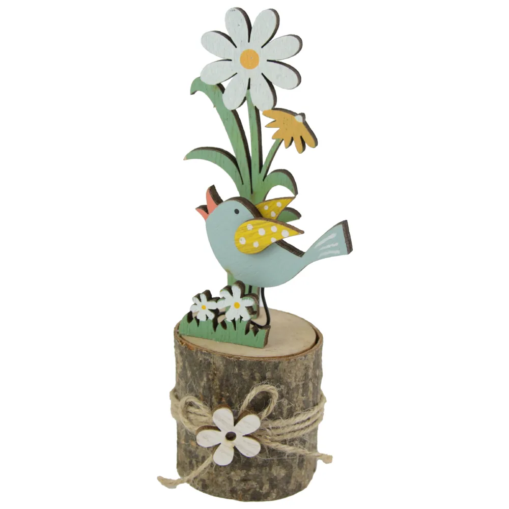 Decoratiune din lemn cu pasare si flori 15 CM