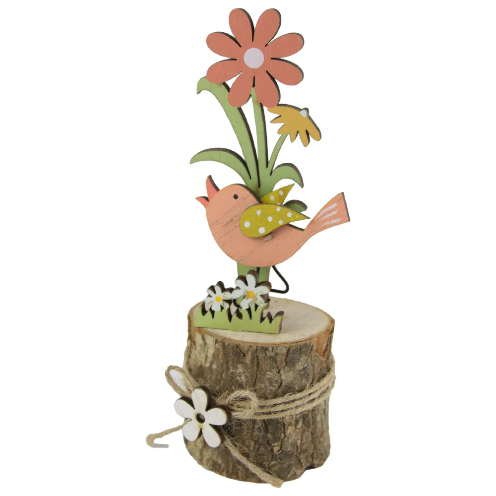 Decoratiune din lemn cu pasare si flori 15 CM - imagine 2