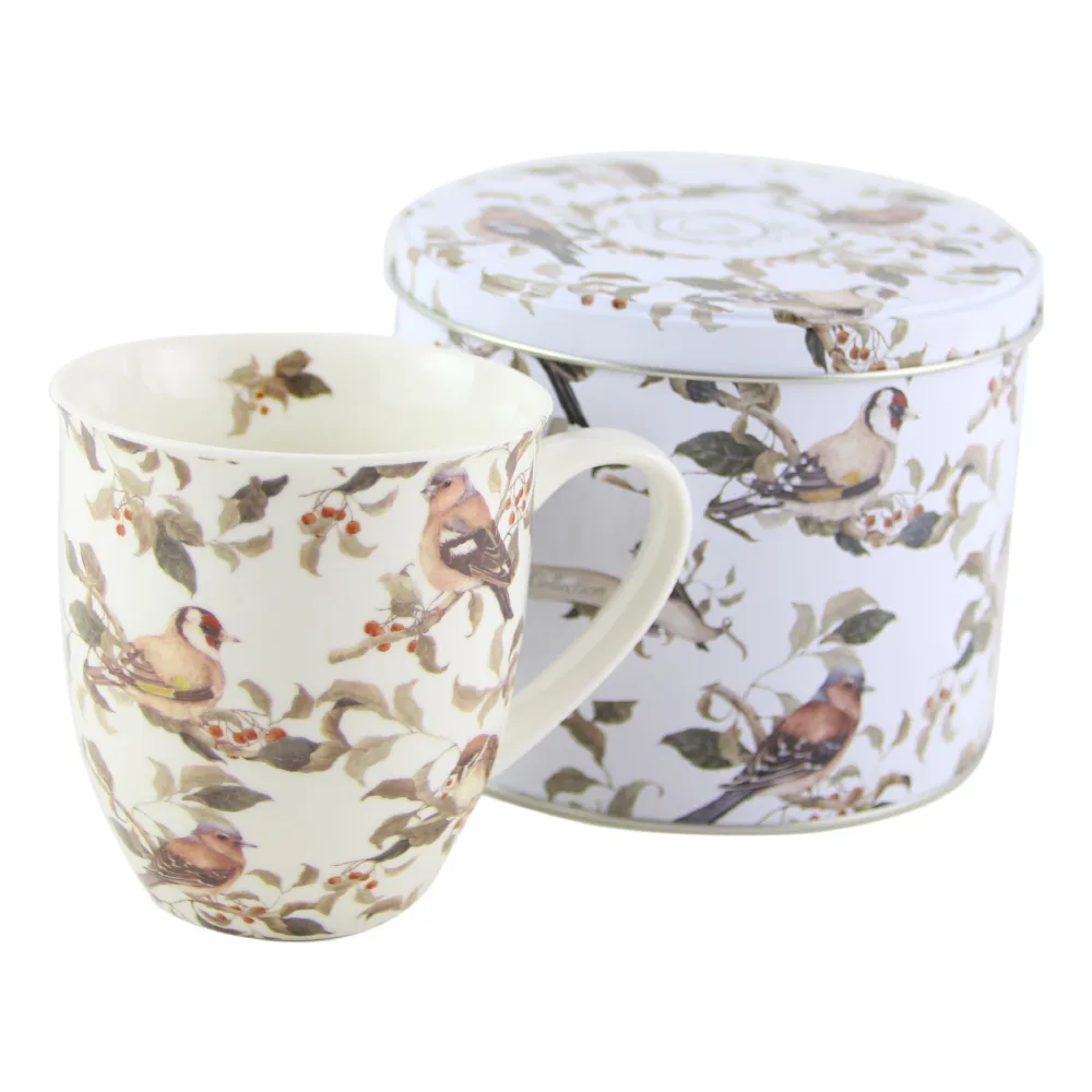 Cana portelan 400 ml in cutie metalica "Pasari"