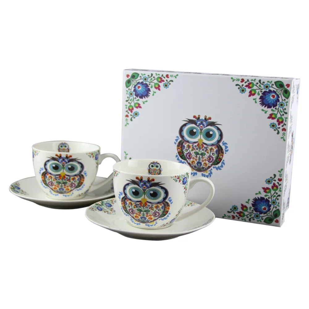 Set 2 cani cu farfurii 280 ml, "Etno Bufnita"