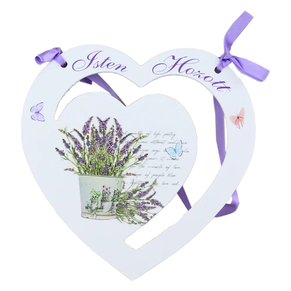 Ornament perete/usa din lemn 17 CM "Isten hozott", inima, lavanda - imagine 3