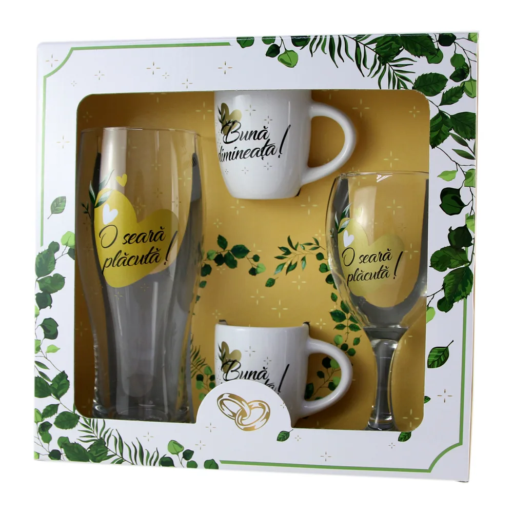 Set Wedding "Buna dimineata!/O seara placuta!" - halba bere, pahar vin, 2 cesti cafea