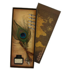 Set de caligrafie vintage cu pana, cerneala si 5 penite World Map paun