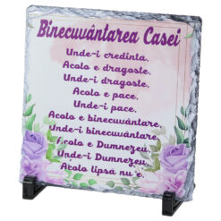 Placa din ardezie "Binecuvantarea Casei" 19 x 19 cm cu trandafiri mov
