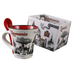 Cana din ceramica cu lingurita "Romania" 90 ml castele / porumbel, cu cutie decorativa