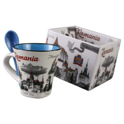 Alternative view of Cana din ceramica cu lingurita "Romania" 90 ml castele / porumbel, cu cutie decorativa
