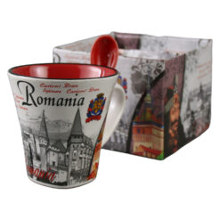 Cana din ceramica cu lingurita "Romania" 90 ml castele / Stema Romaniei, cu cutie decorativa