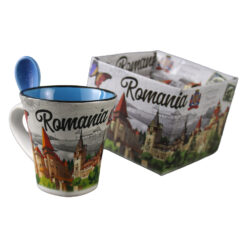Cana din ceramica cu lingurita "Romania" 90 ml castele / fluturas, cu cutie decorativa