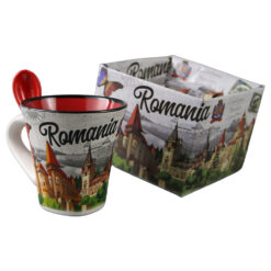Alternative view of Cana din ceramica cu lingurita "Romania" 90 ml castele / fluturas, cu cutie decorativa