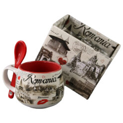 Cana din ceramica cu lingurita "Romania" 90 ml Castele si monumente, cu cutie decorativa