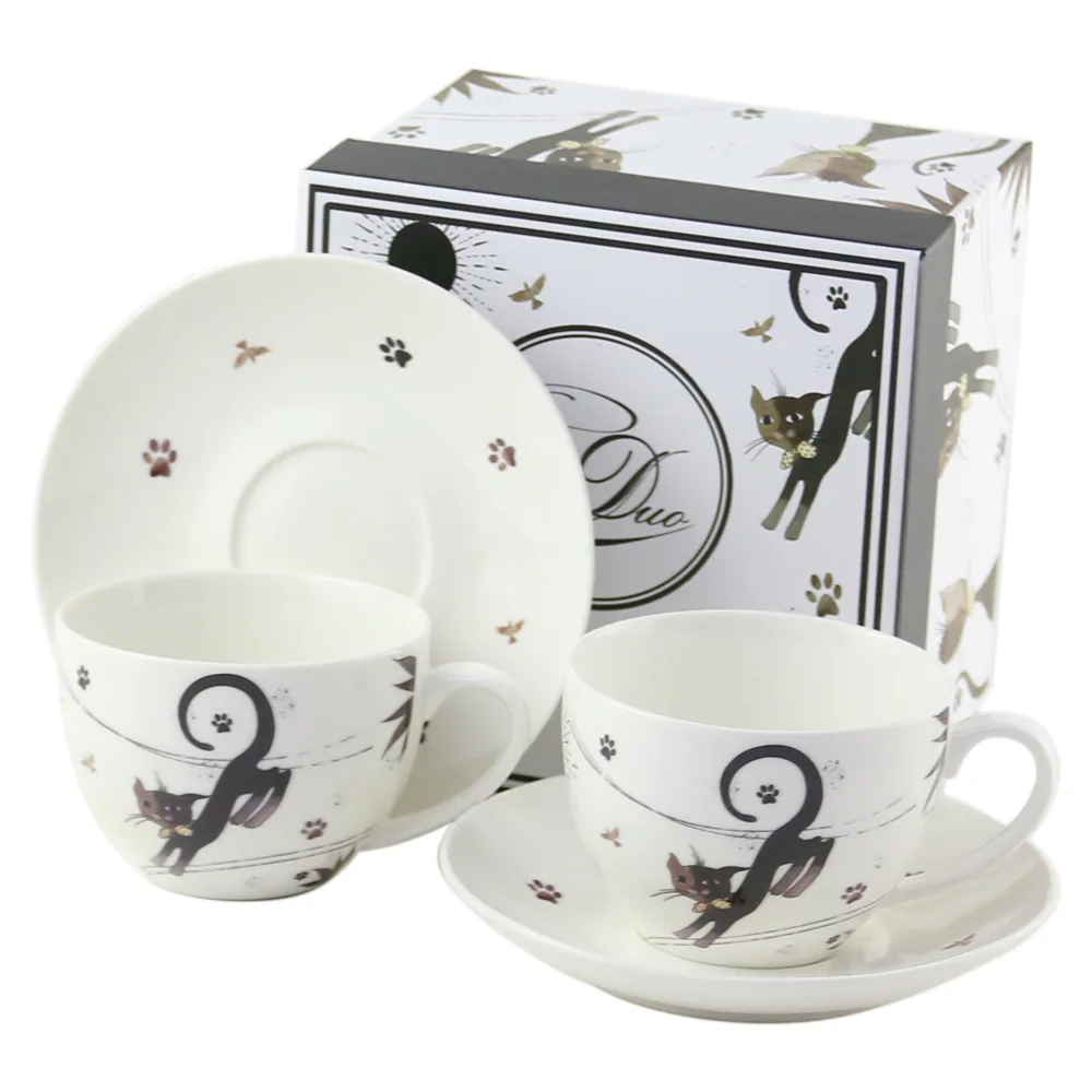 Set 2 cani cu farfurie din portelan 280 ml "Charming Cats"