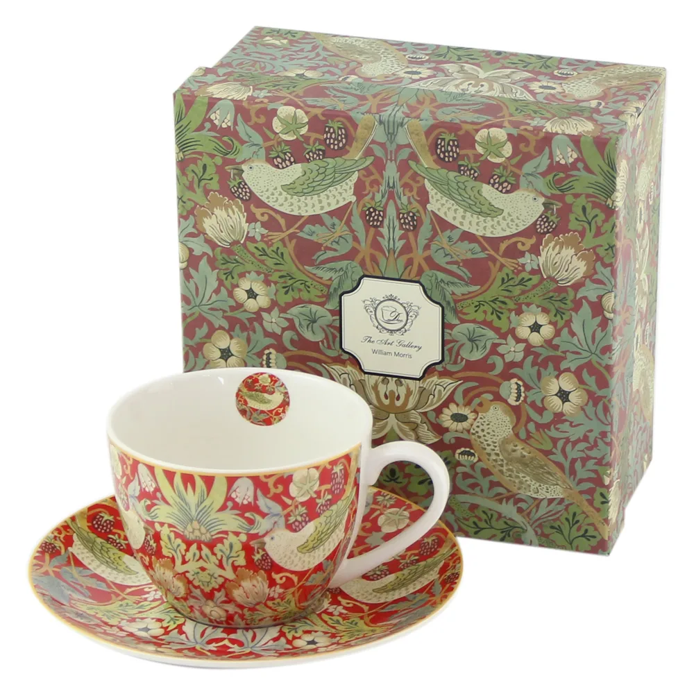 Cana portelan cu farfurie 270 ml, "Strawberry Thief Red"de William Morris, in cutie decorativa