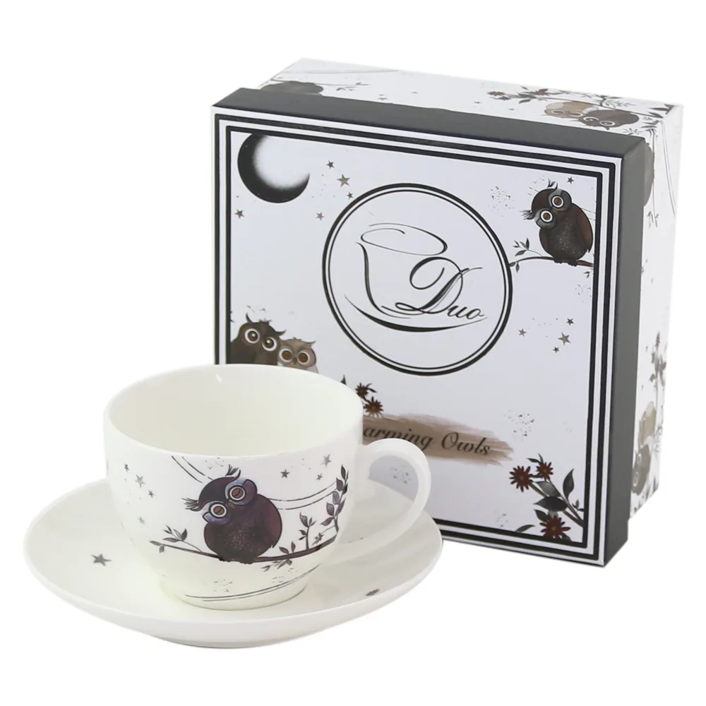 Cana portelan cu farfurie 270 ml, "Charming Owls", in cutie decorativa