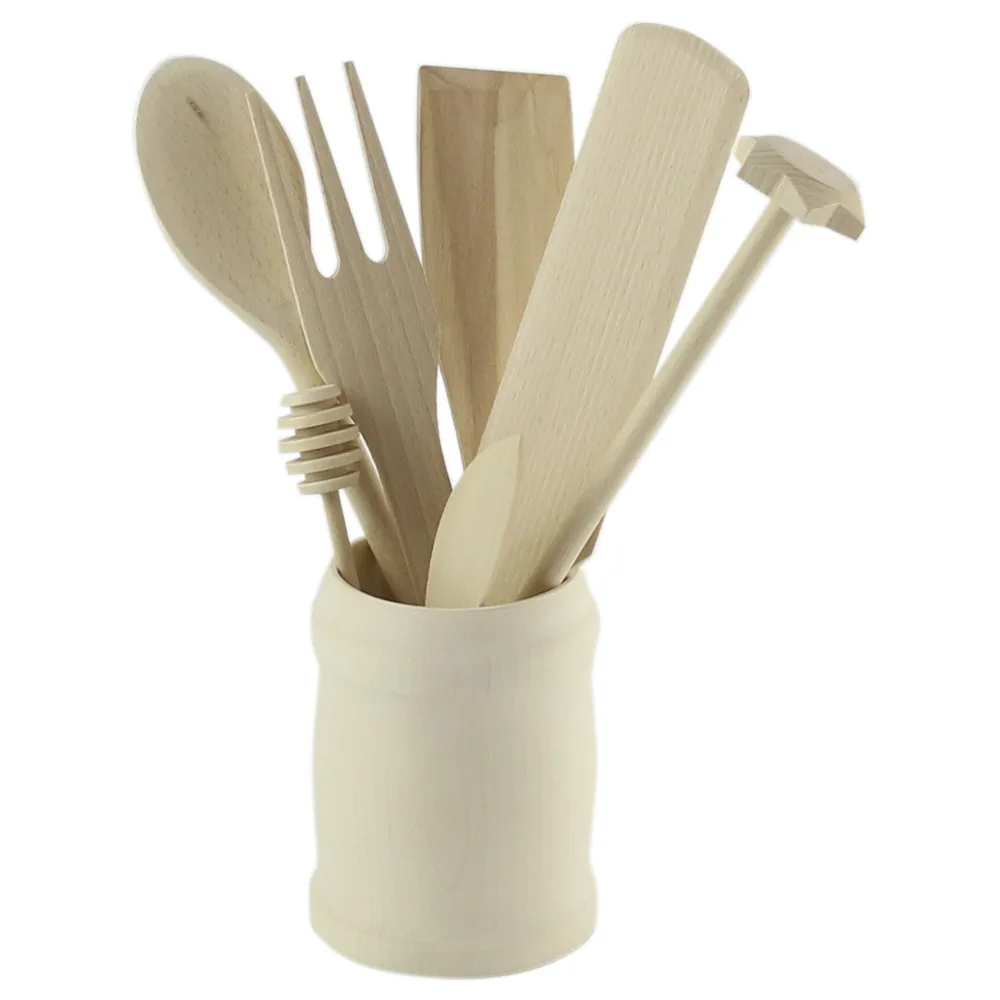 Set 6 ustensile din lemn pentru bucatarie cu suport rotund