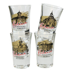 Set 4 pahare din sticla 35 ml, Manastiri din Romania - Voronet, Putna, Humor si Sucevita