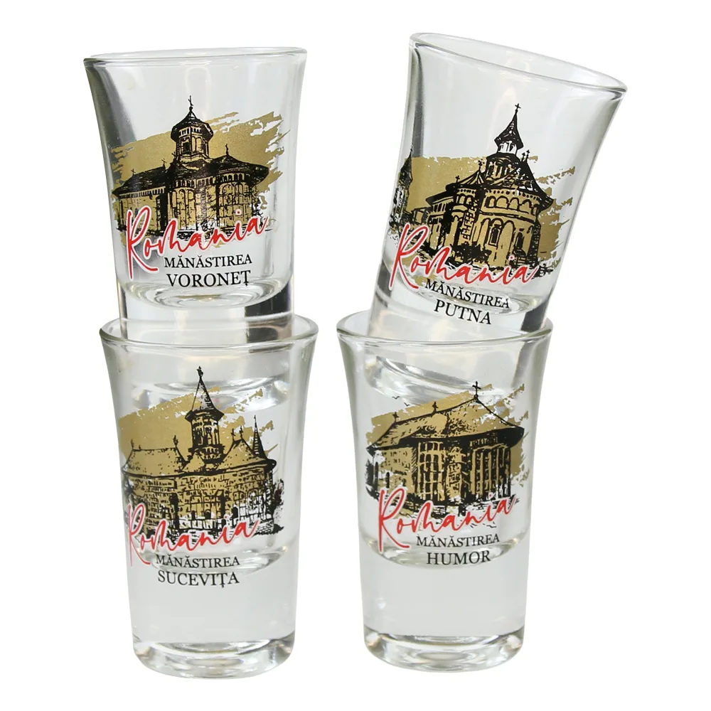 Set 4 pahare din sticla 35 ml, Manastiri din Romania - Voronet, Putna, Humor si Sucevita